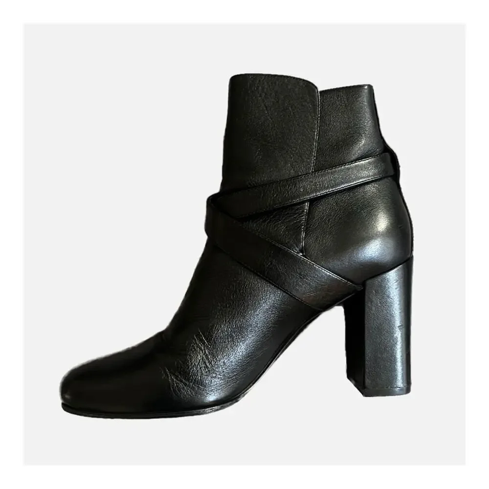 Saint Laurent Babies 90 Leather Cross Strap Ankle Boots Booties Black 38/ 8 - Picture 2 of 10